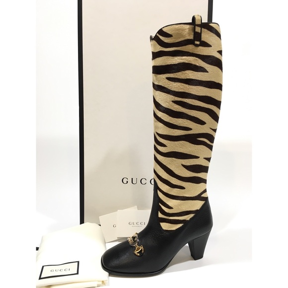 GUCCI Zumi Knee Boots Tiger Print Calf Hair -Black Leather -US 7 -NEW - Picture 4 of 11